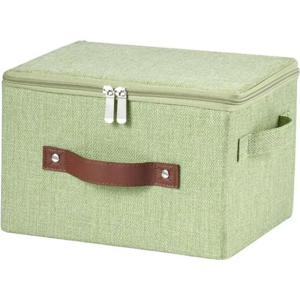 Fabric storage bin with zipper lid foldable closet organizer box with handles